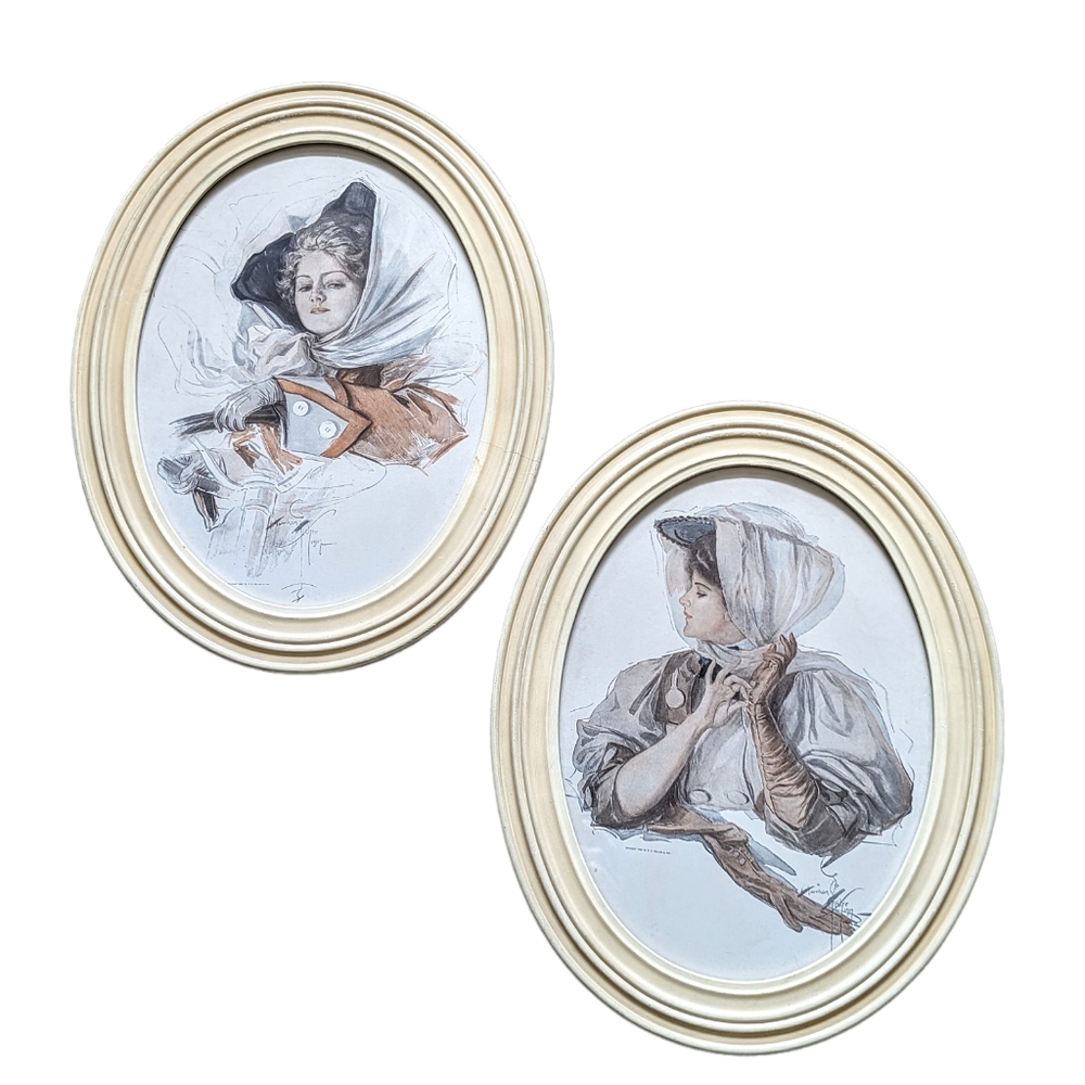 Vintage Antique Harrison Fisher  1907 Framed Gibson Girl Fashion Print Set